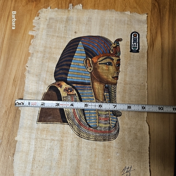 Vintage 70s Egyptian Pharaoh Tutankhamen Funeral Mask Painting on Papyrus - Picture 9 of 10